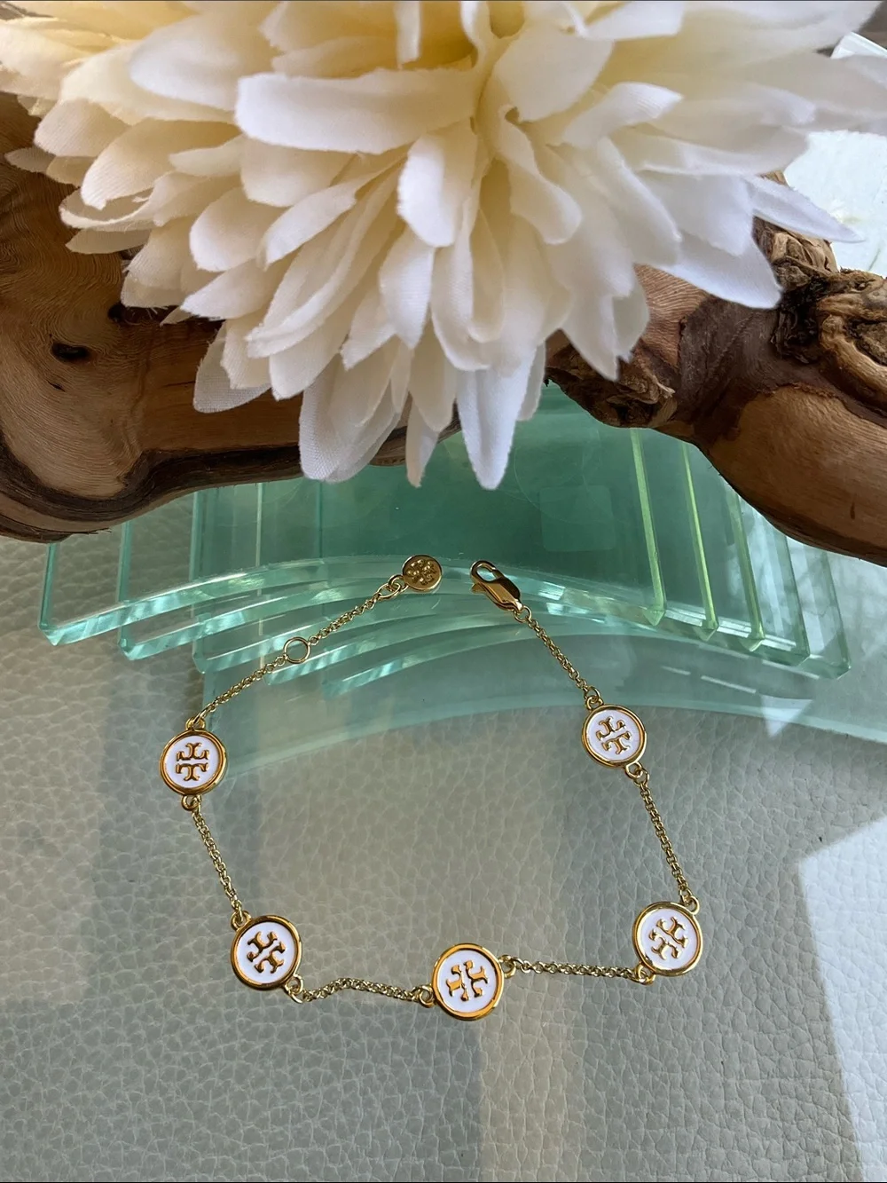 Tory Burch Gold Chain Bracelet with White Logo Medallions